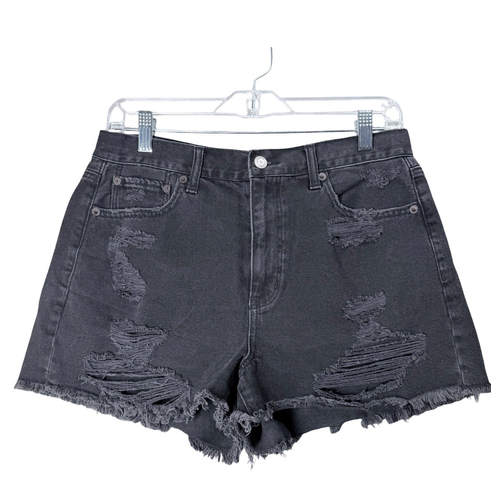 American Eagle Mom Shorts Women 8 Black Denim Distress Ripped Raw Hem High Rise